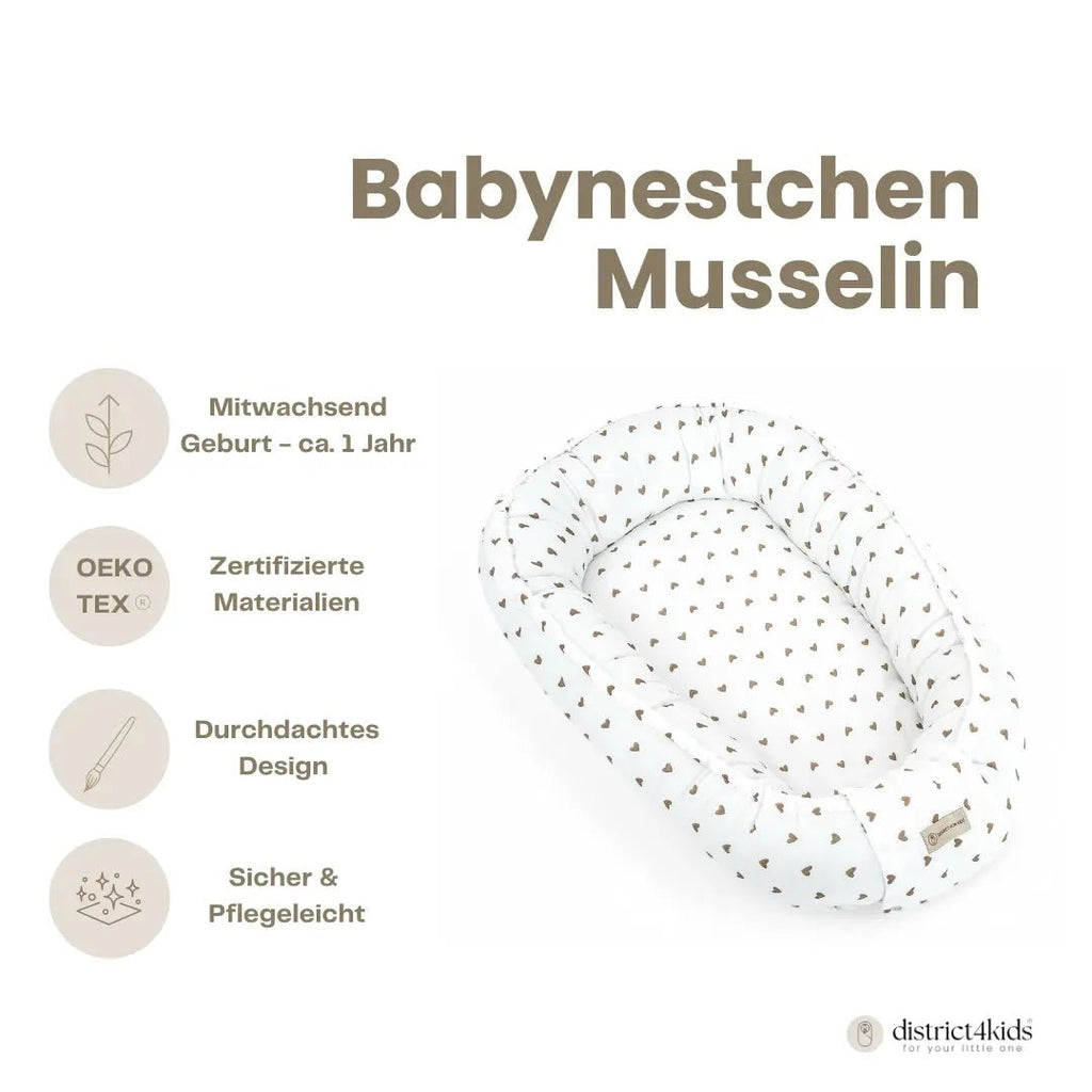 Babynestchen Musselin Herzen braun – Weicher mitwachsender Baby - Kokon - CGE Teddy Couture