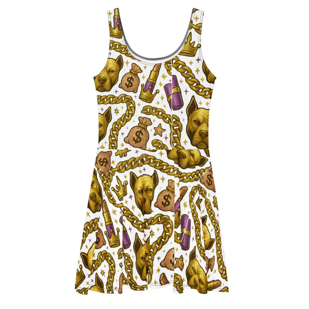 Boss Babe Luxus Kleid mit luxuriösem Allover-Print aus Pitbull, Ketten und Glamour-Elementen