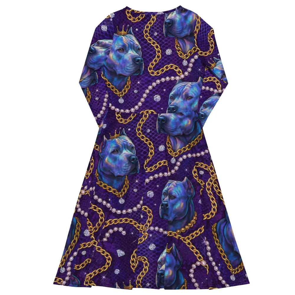 Royal purple glam midi dress with chain, pearl patterns, and dog motifs, flattering fitted waist and flared bottom