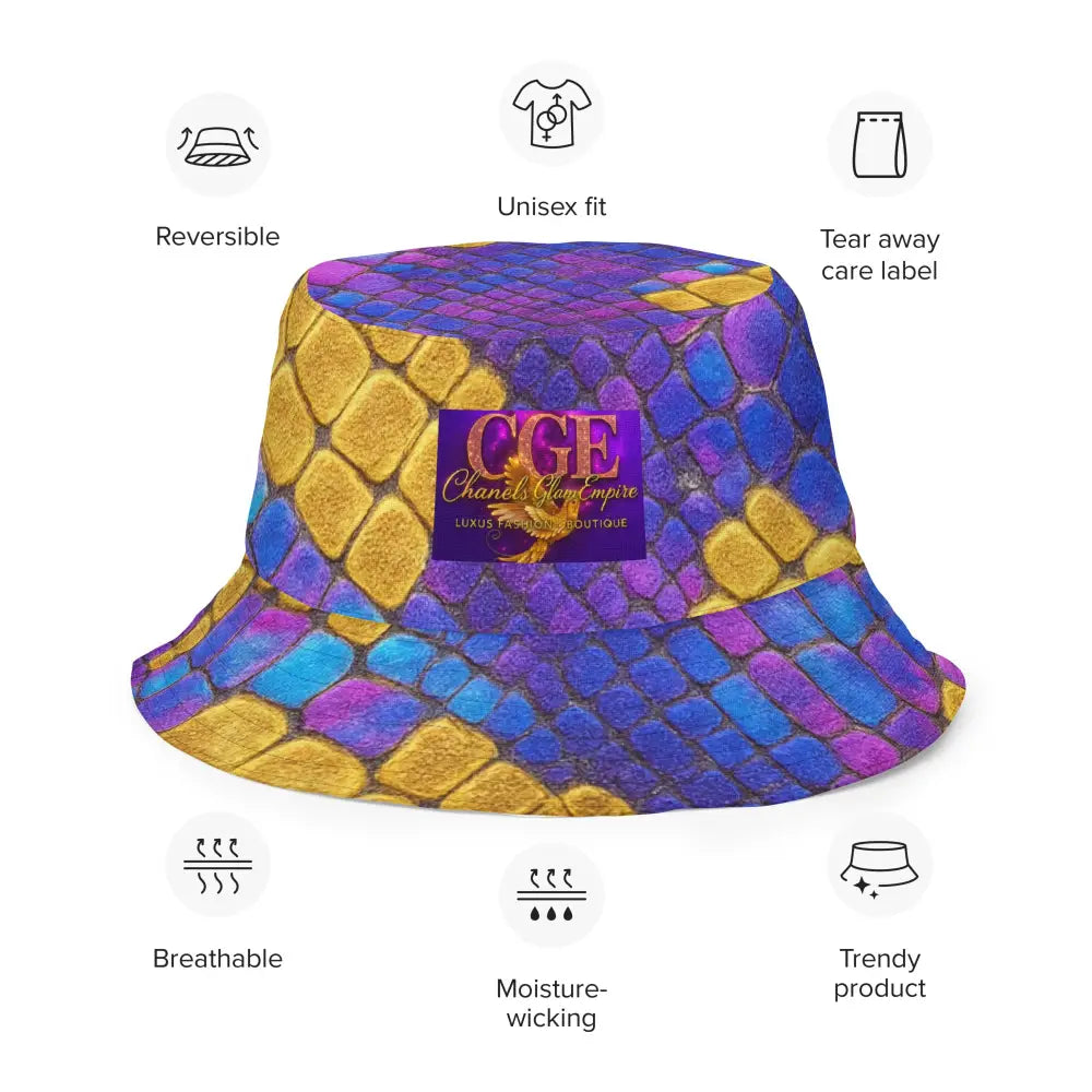 Bossbabe Bucket Hat with purple gold snake print, reversible, unisex, breathable and moisture-wicking design