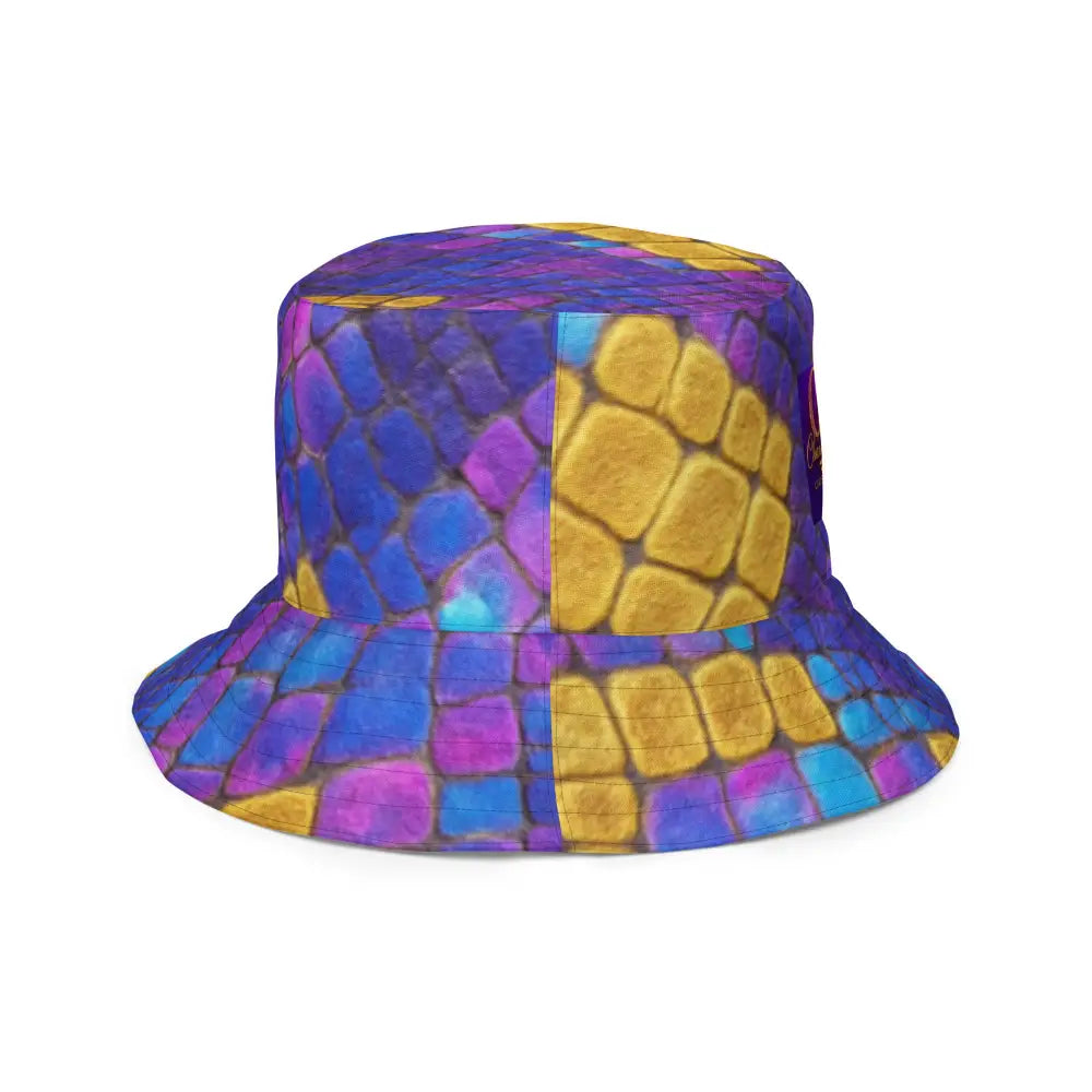Bossbabe Bucket Hat with vibrant purple and gold snake print design, lightweight and stylish unisex festival and streetwear accessory