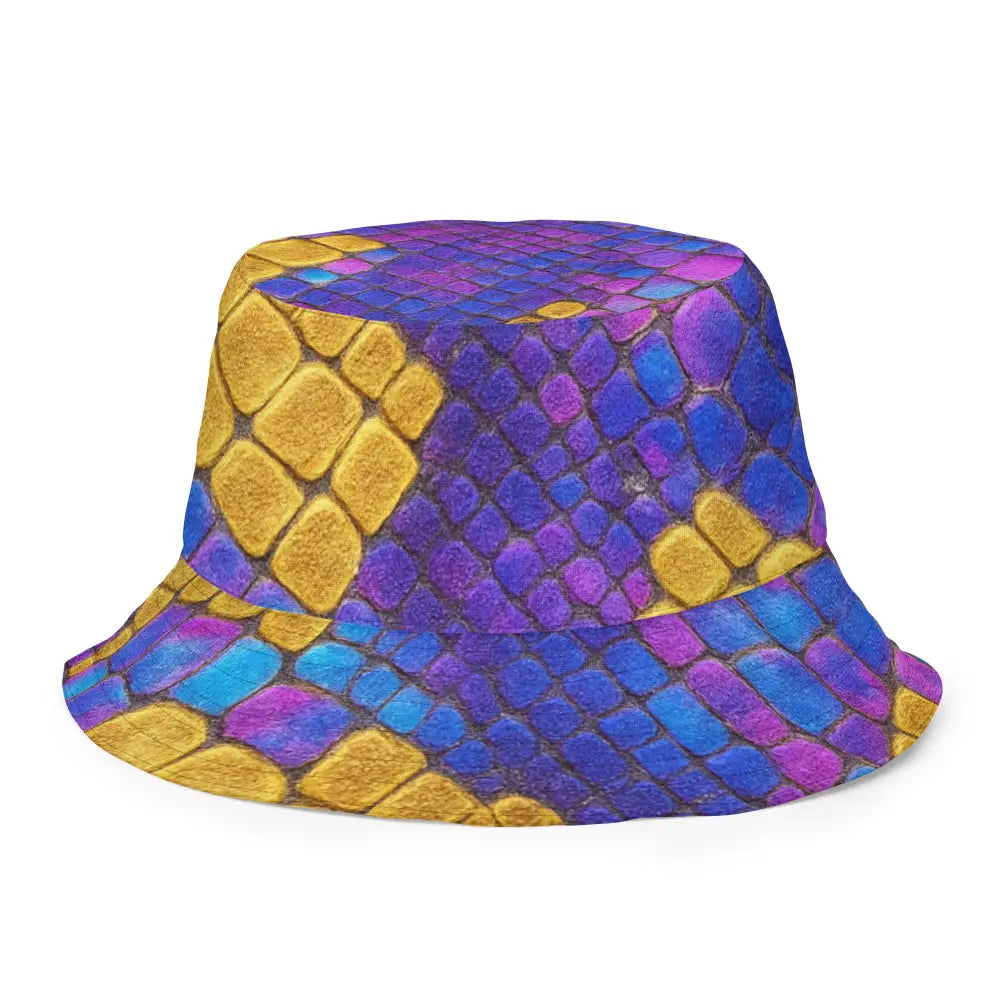 Bossbabe Bucket Hat mit auffälligem violett-goldenem Snake-Print und holografischem Effekt, stylischer Lippenhut für Damen und Herren