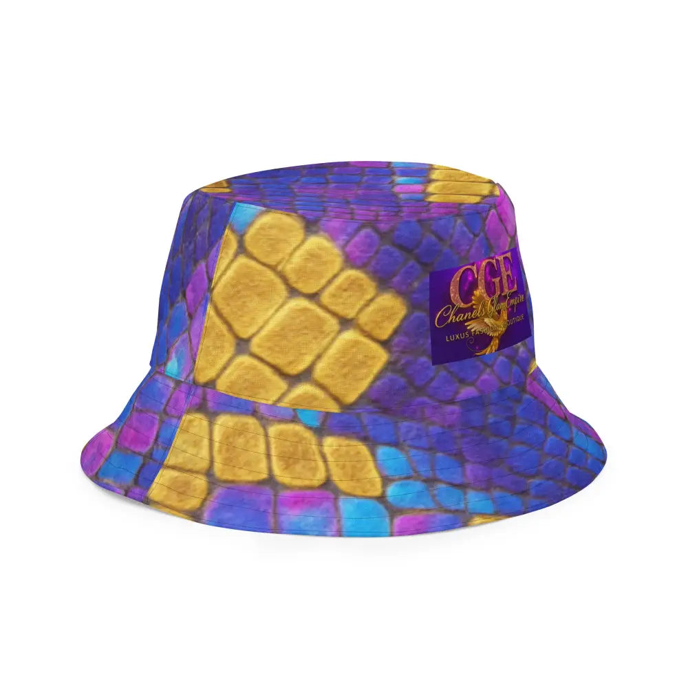 Bossbabe Bucket Hat with purple and gold snake print and holographic details