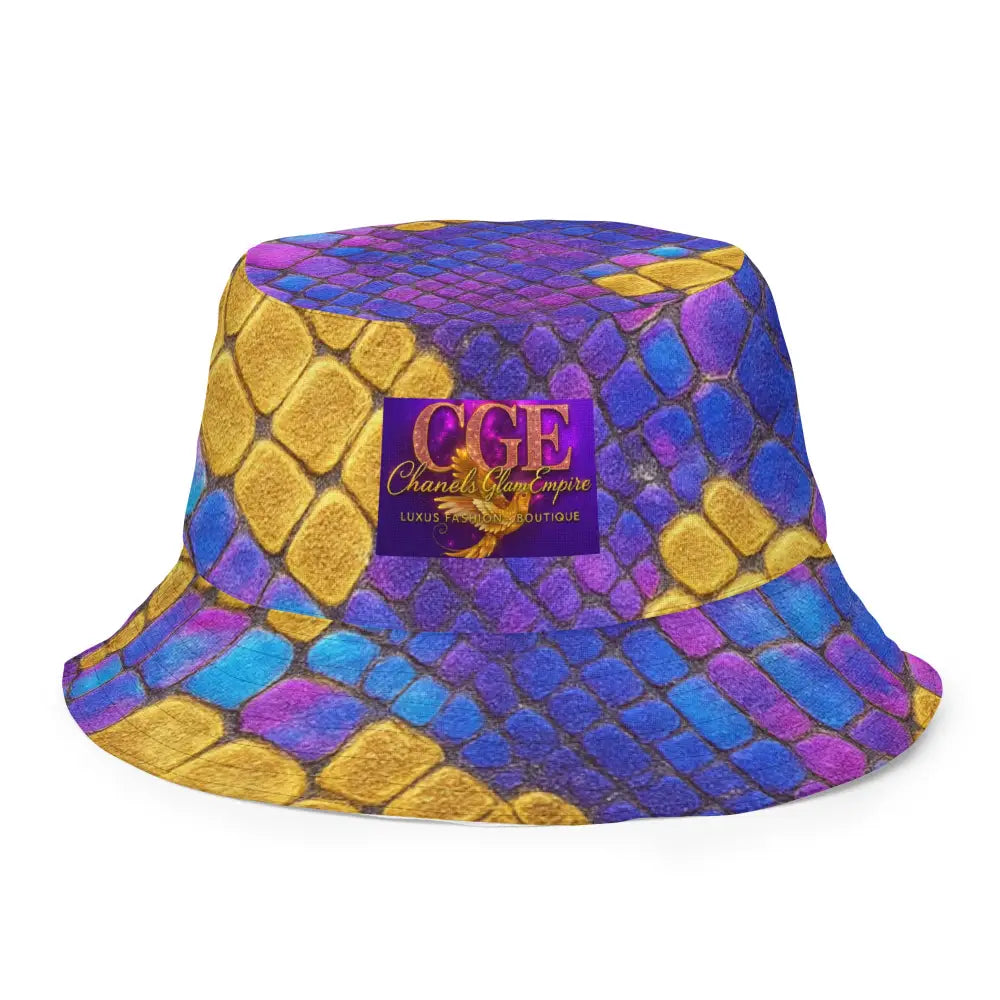 Bossbabe Bucket Hat with vibrant purple-gold snake print and Chanel's Glam Empire logo patch
