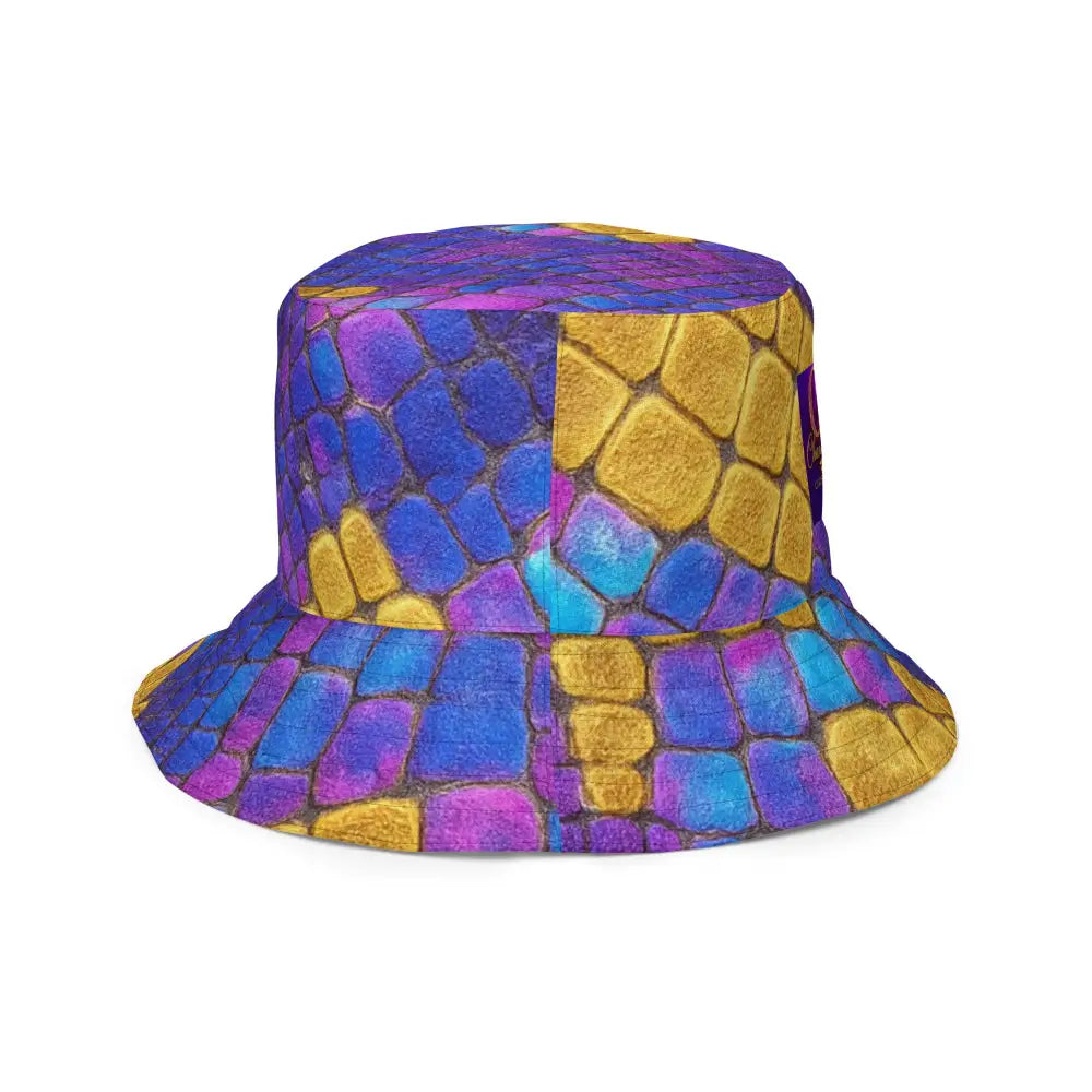 Bossbabe Bucket Hat in purple and gold snake print with holographic style and gemstone details