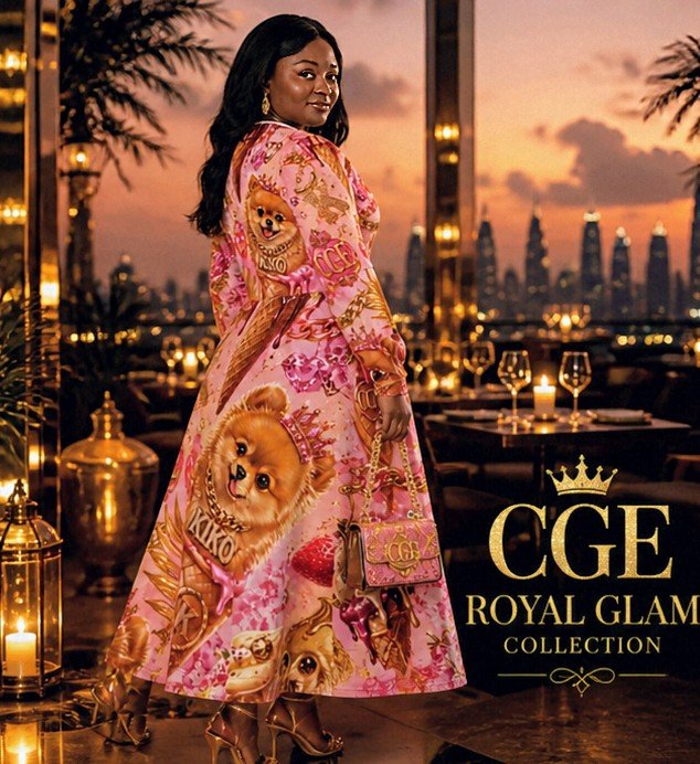 CGE Kiko Glam Kleid lang – Luxus Damenkleid Pink Gold Designer Style - CGE Teddy Couture
