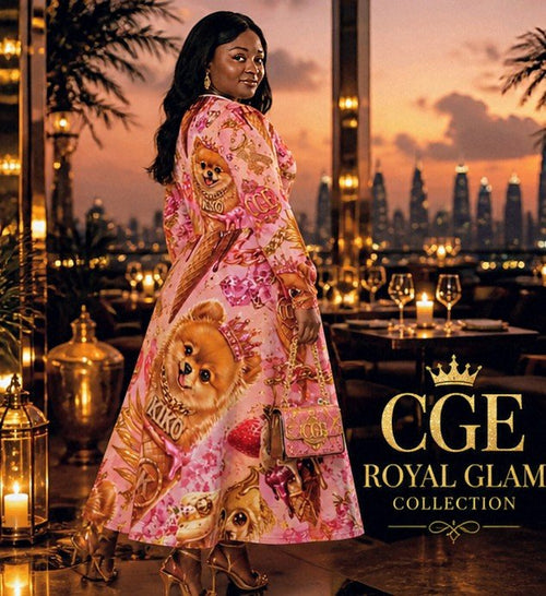 CGE Kiko Glam Kleid lang – Luxus Damenkleid Pink Gold Designer Style - CGE Teddy Couture