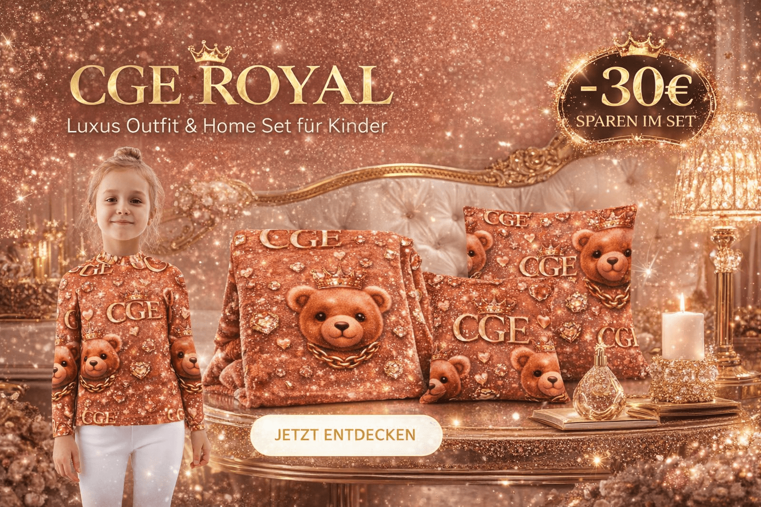 CGE Royal Komplett Set – Luxus Designer Outfit & Home Set für Kinder (Shirt, Leggings, Decke & Kissen) - CGE Teddy Couture