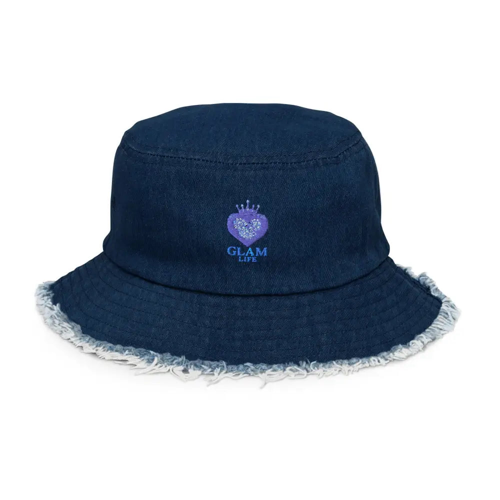 Boss Babe Denim Bucket Hat in dark blue denim with frayed edges and embroidered Glam Life logo