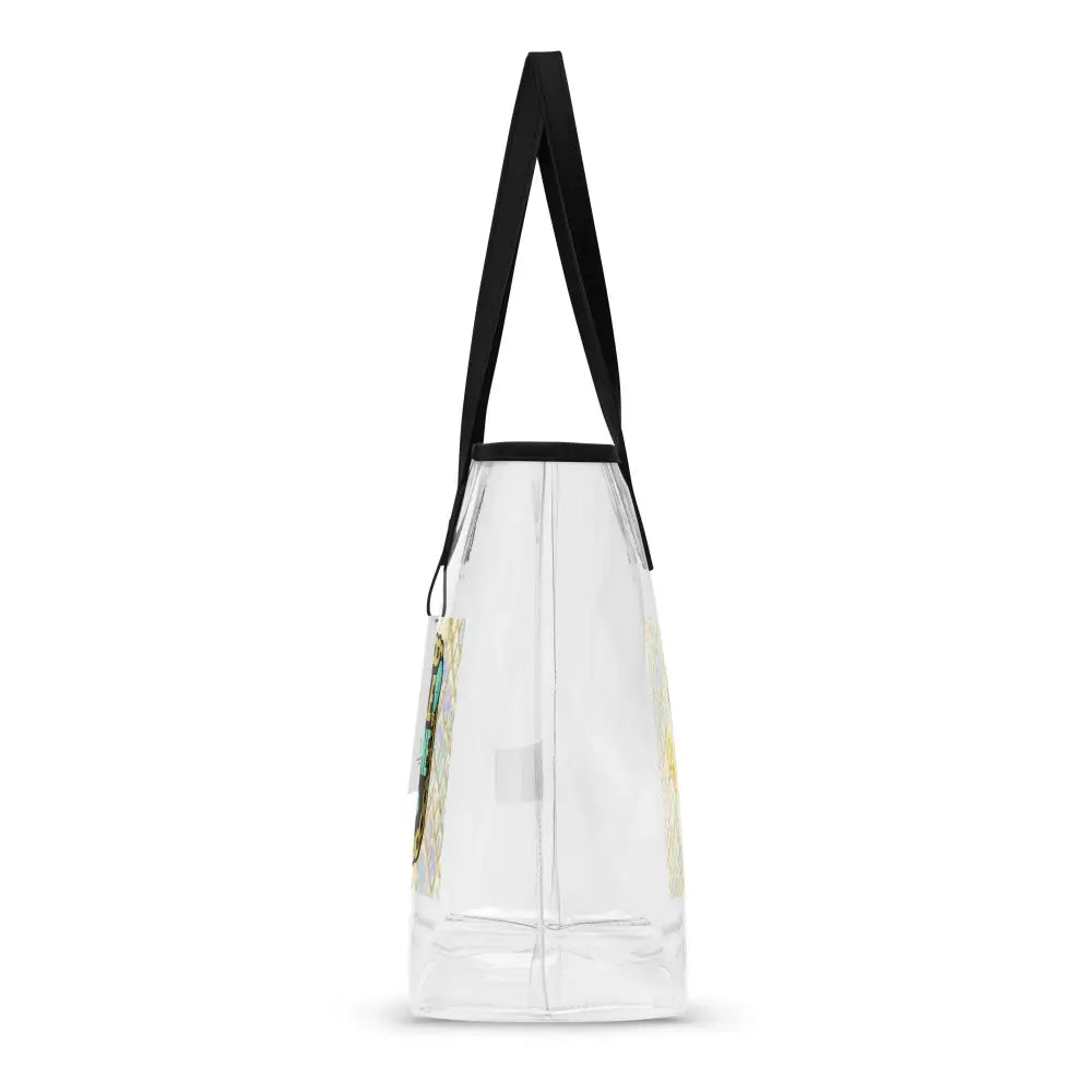 Transparente Tragetasche mit schwarzen Griffen und klarem, wasserabweisendem PVC-Material