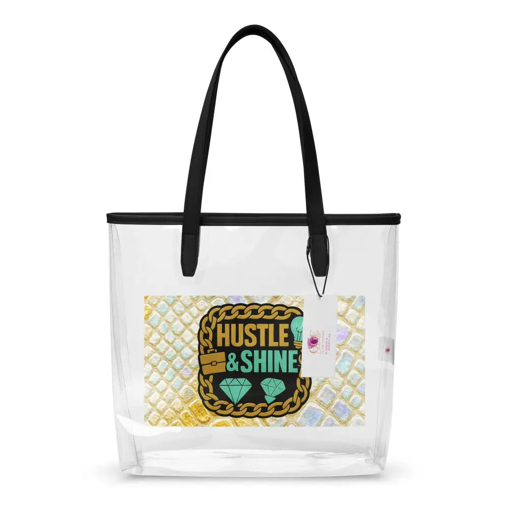 Transparente Tragetasche mit "Hustle & Shine" Design, goldenen Details und veganen Ledergriffen