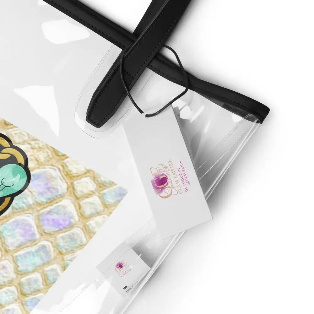 Transparente Tragetasche mit schwarzen veganen Ledergriffen und luxuriösen goldenen Details