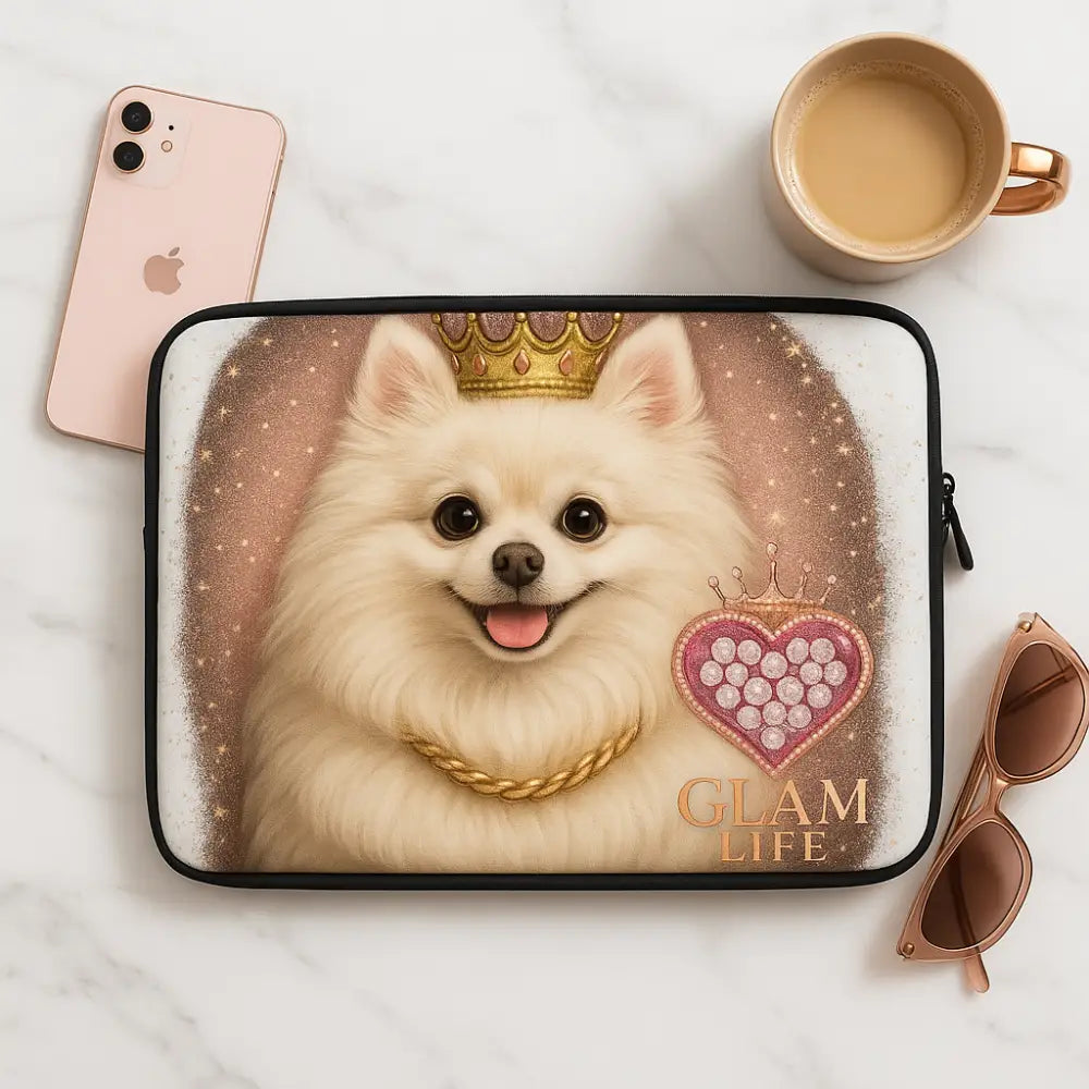 Glam Life Laptophülle mit Pomeranian und goldener Krone, Strass-Herz und Glitzer-Design, stoßfestes Neopren, stylische Laptophülle für 13" und 15" Modelle