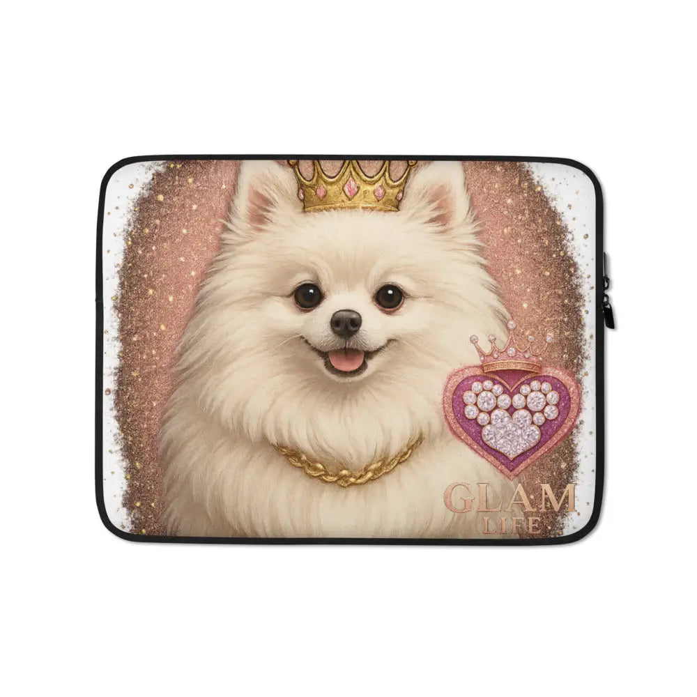 Glam Life Laptophülle with Pomeranian dog, gold crown, rhinestone heart, and glitter design