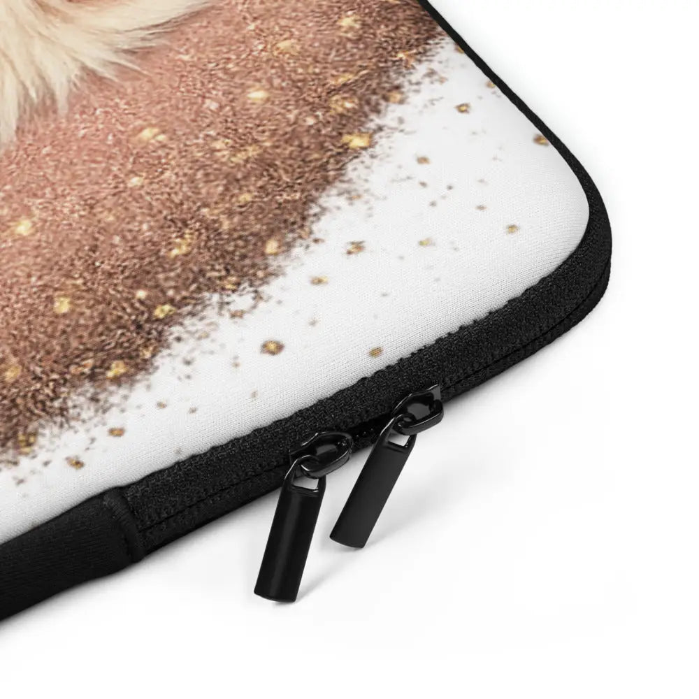 Glam Life Laptophülle mit Pomeranian und goldener Krone, Strass-Herz, Goldkette, Glitzer, schwarzer Reißverschluss, neopren stoßfest und wasserabweisend