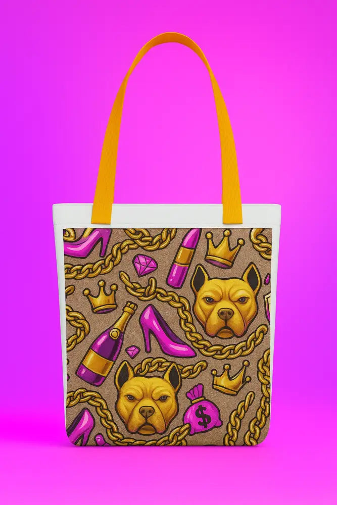 Glamour Pitbull Tote Bag with luxury dog-themed print and yellow handles