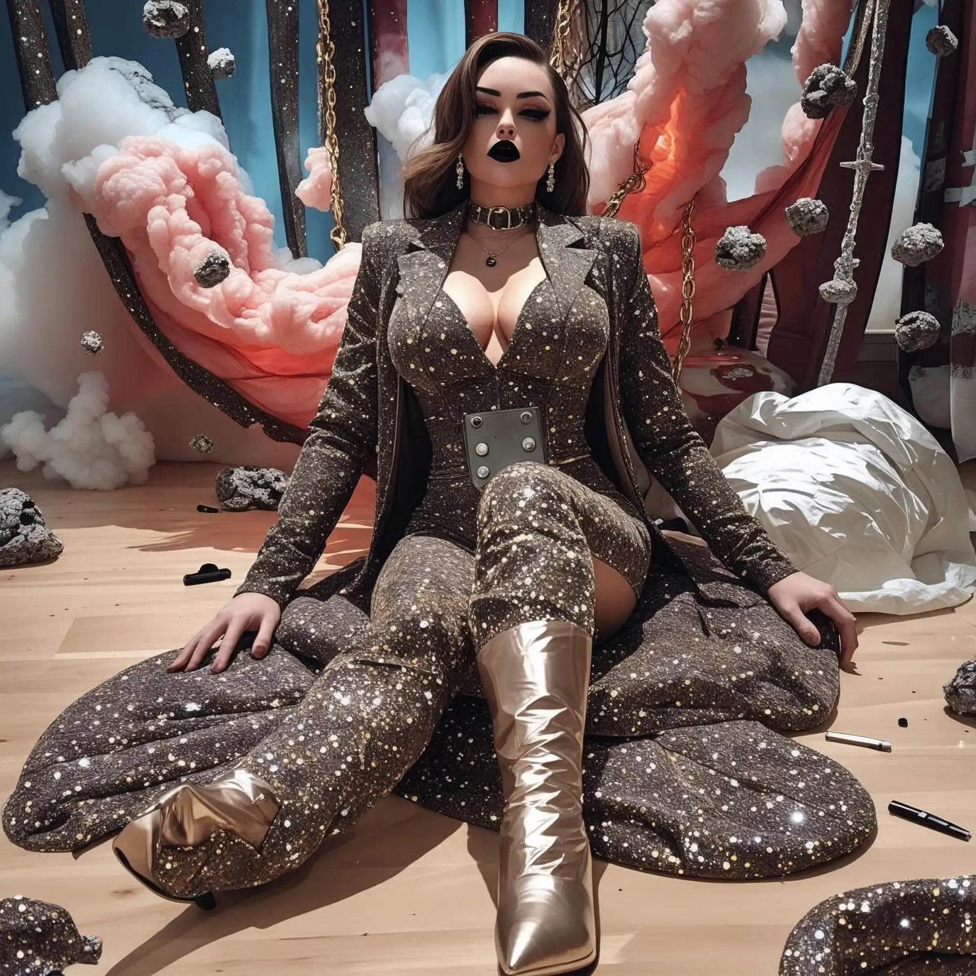 Goldene, sternenbesetzte Overknee-Stiefel mit metallischem Finish und klobigem Absatz.