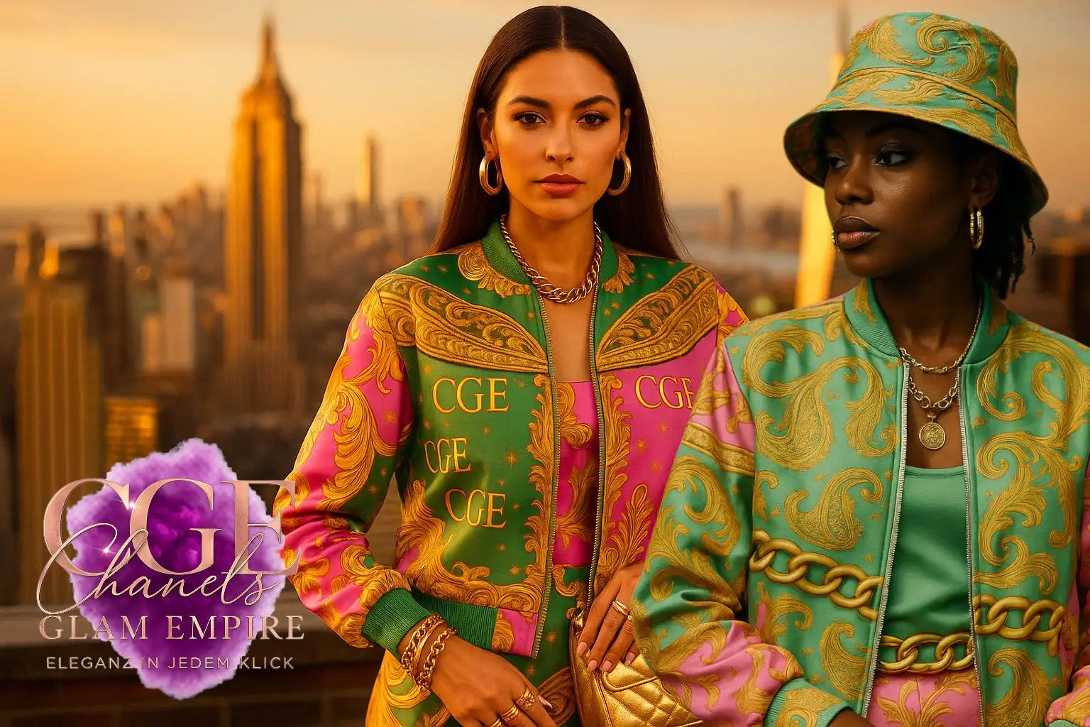 Grün- und pink gepolsterte Jacke mit Goldkettendetails, inspiriert von Chanel.