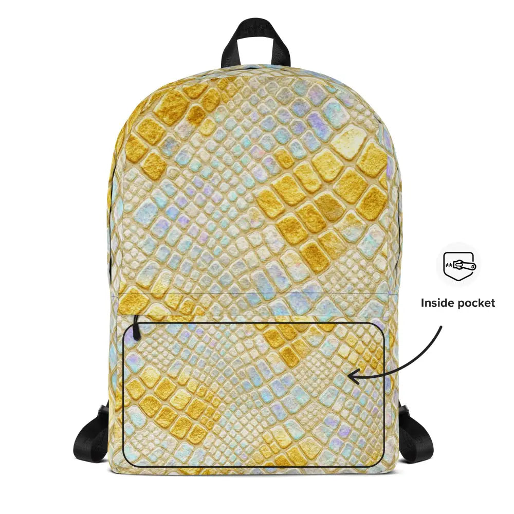 Holo Luxe Snake Backpack with holographic snake print, adjustable straps, and front zipper pocket in yellow and blue tones
