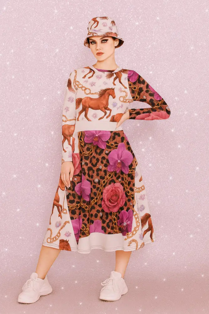 Langärmliges Midikleid mit Pferde-, Ketten- und Orchideen-Print im Glam-Design