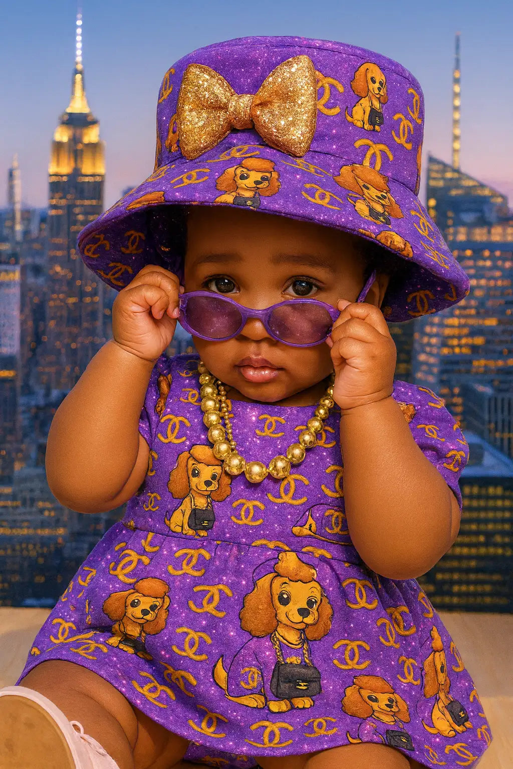 Lila Chanel-Eimerhut mit goldener Schleife und Hunde-Print.