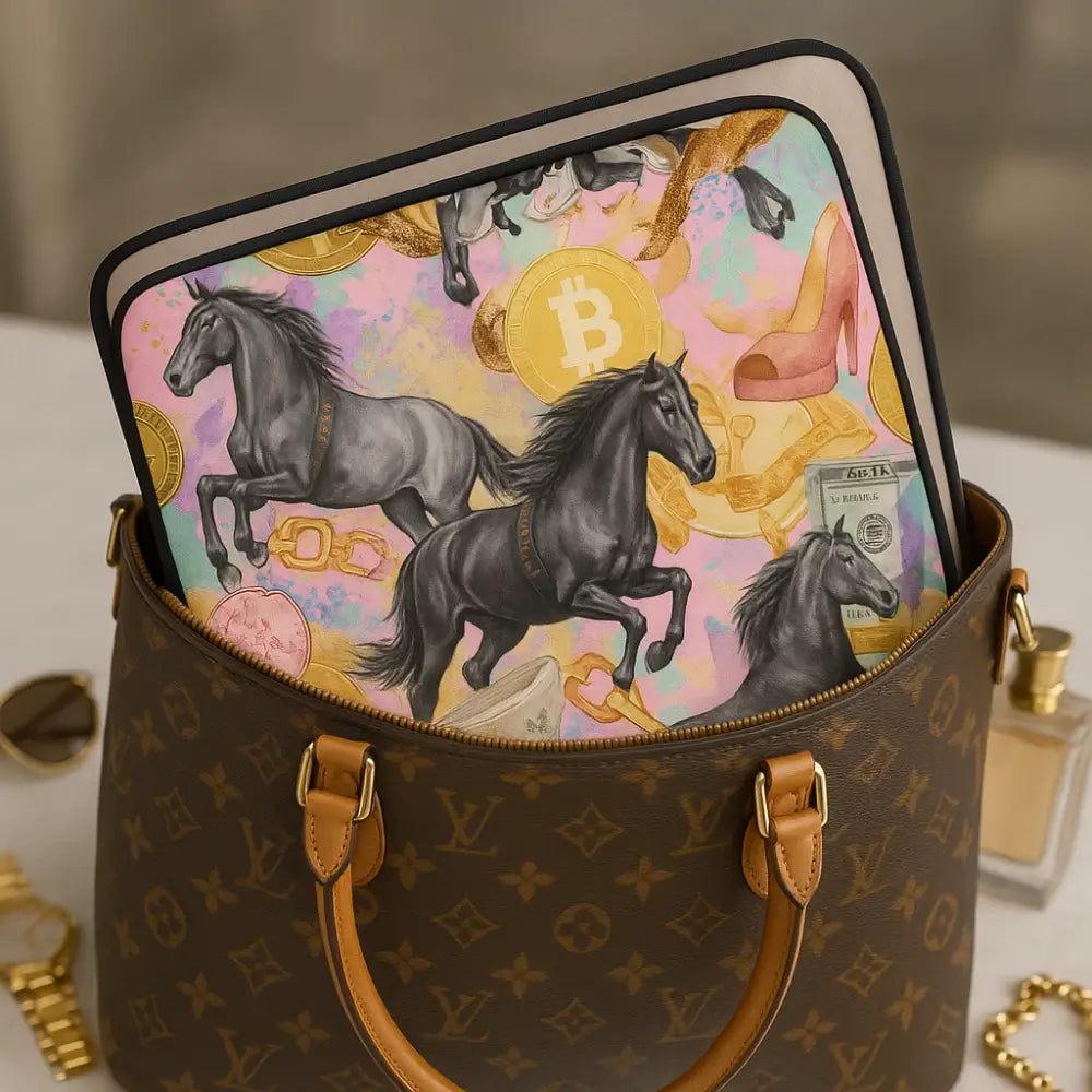 Luxuriöse Glam Queen Laptoptasche mit Pferde- und Krypto-Design in pastellfarbenem Glamour-Stil