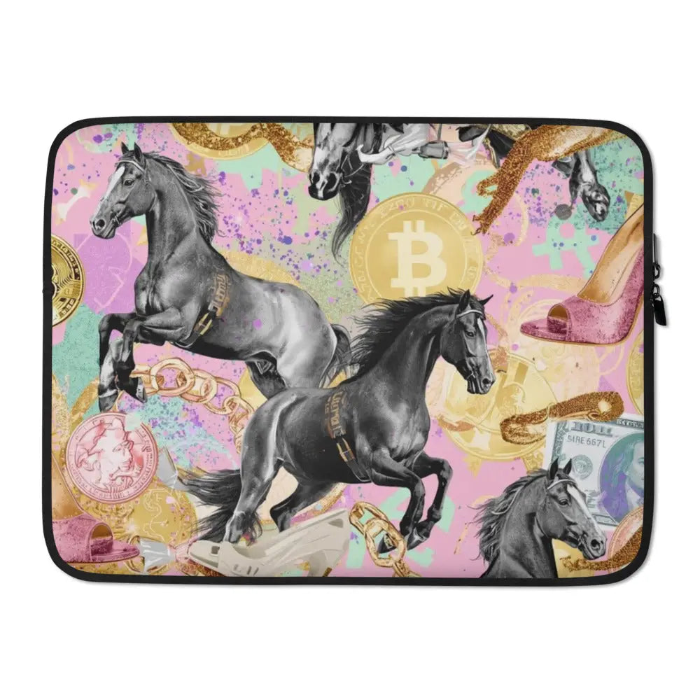 Glam Queen Laptoptasche mit pastellfarbenem Allover-Print, Pferden, Krypto-Münzen und Glamour-Elementen