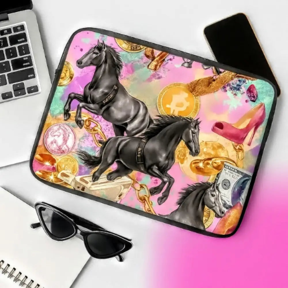 Luxurious Glam Queen laptop sleeve with pastel allover print featuring black horses, crypto coins, gold chains, high heels, and glitter elements