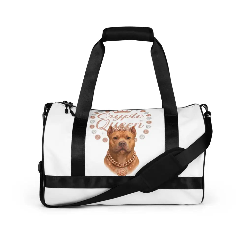 Weiße Crypto Queen Duffel Tasche mit Hunde-Motiv, Krone, Goldkette und schwarzen Trägern, stylische Luxus-Reisetasche