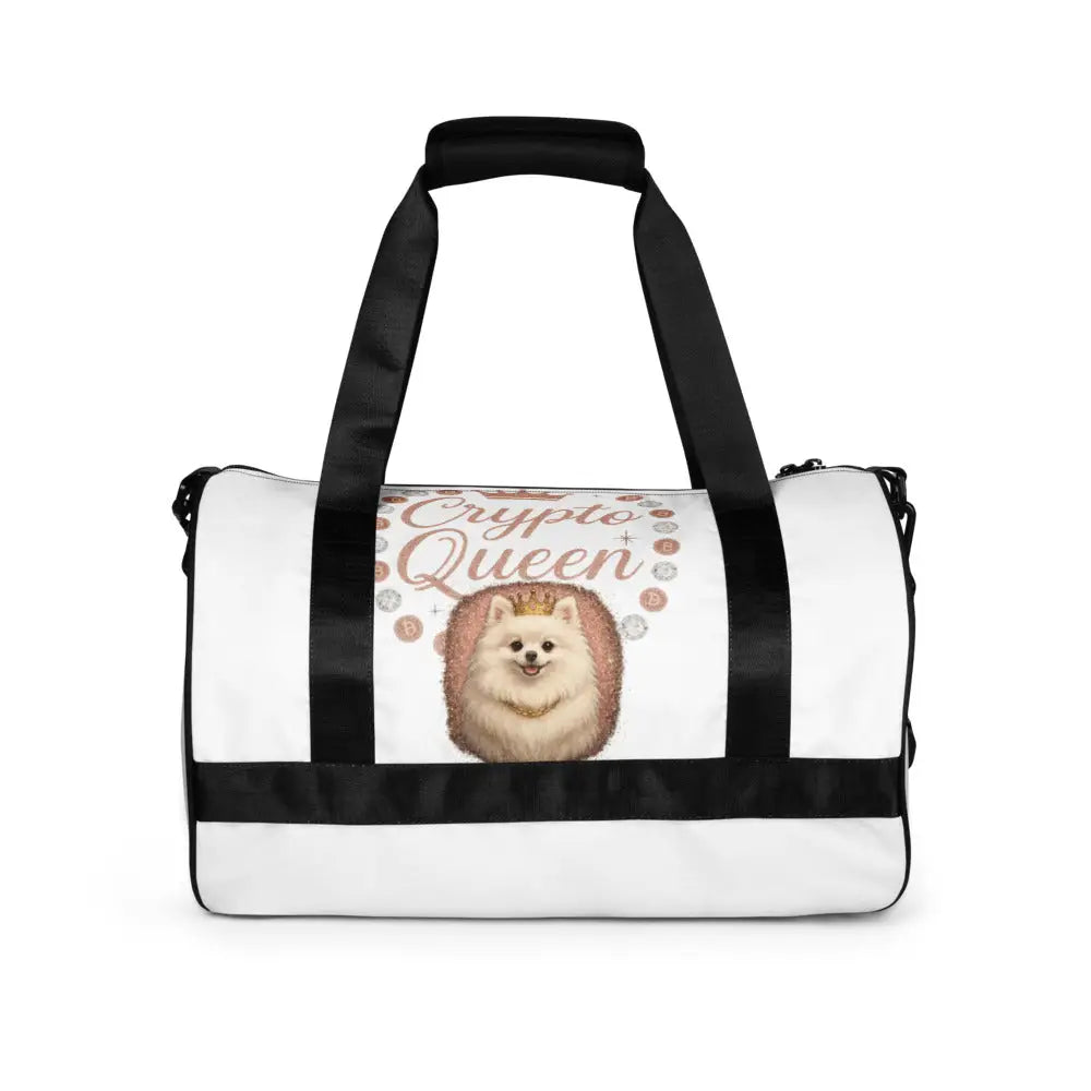 Weiße Crypto Queen Duffel Tasche mit Hundemotiv, Krone und Panzerkette, modischer Luxus-Duffel für Reisen und Gym