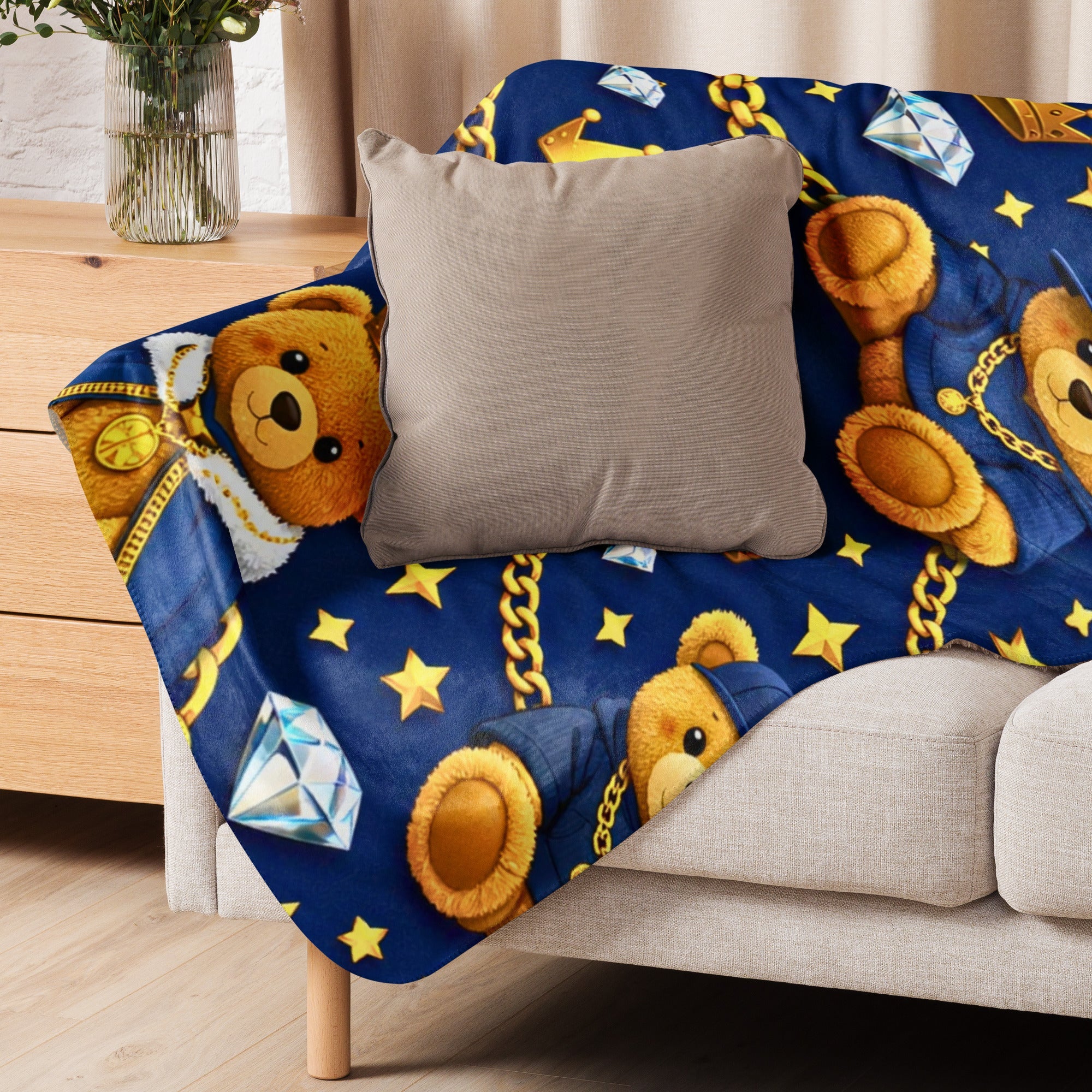 Luxuriöse Teddy Designer Decke in Blau & Gold – perfekt für Babys & Kinder mit Stil - CGE Teddy Couture