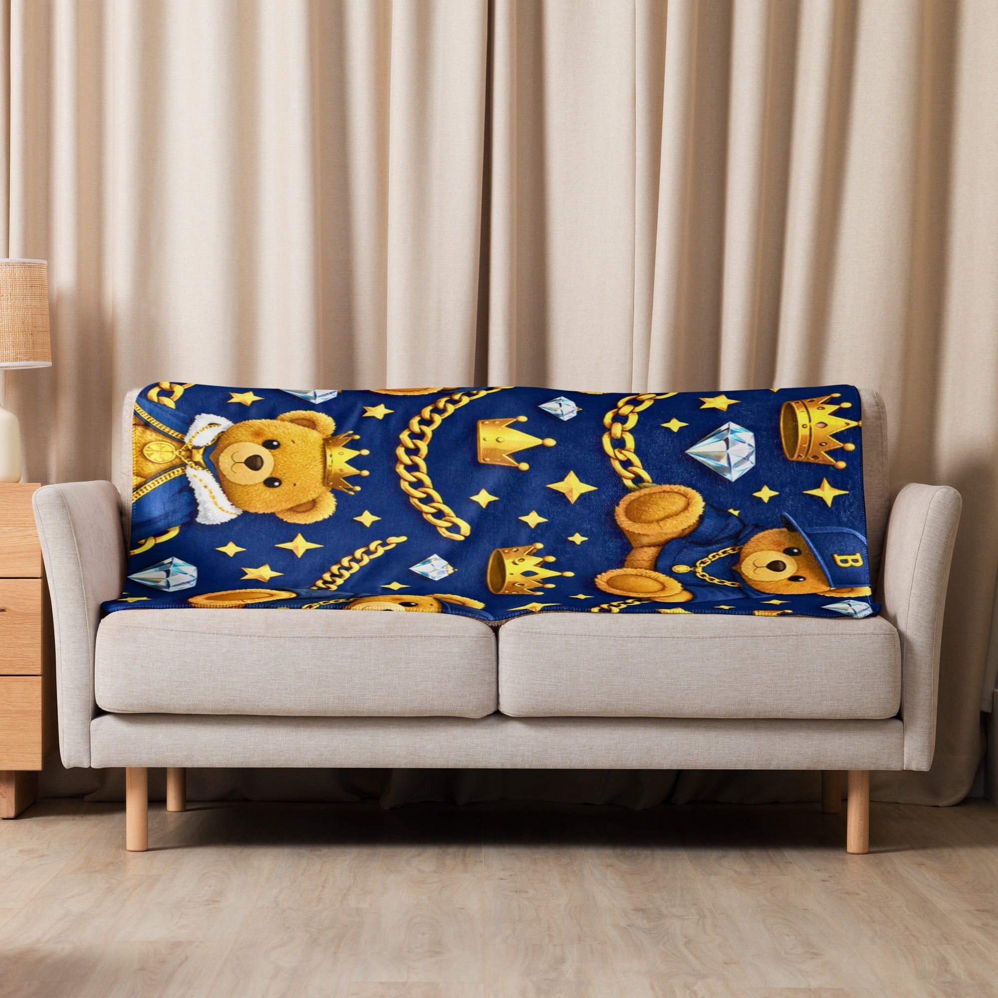 Luxuriöse Teddy Designer Decke in Blau & Gold – perfekt für Babys & Kinder mit Stil - CGE Teddy Couture