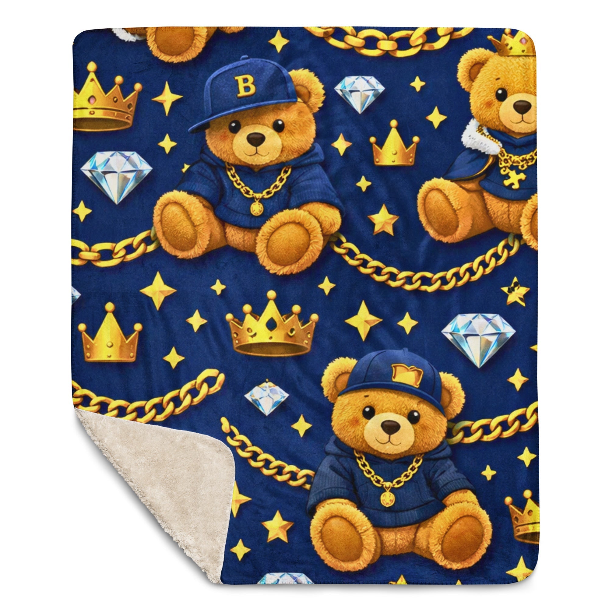 Luxuriöse Teddy Designer Decke in Blau & Gold – perfekt für Babys & Kinder mit Stil - CGE Teddy Couture