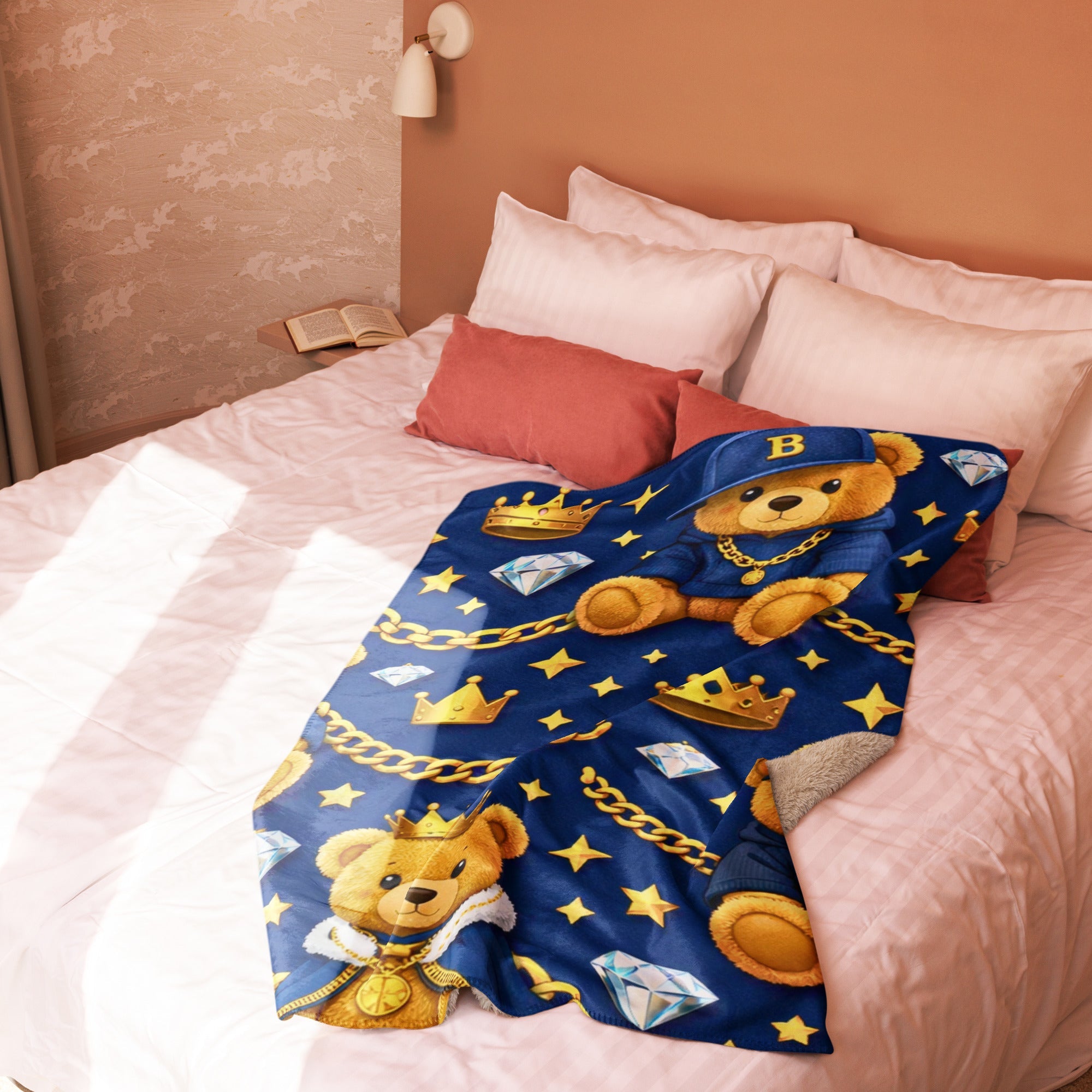Luxuriöse Teddy Designer Decke in Blau & Gold – perfekt für Babys & Kinder mit Stil - CGE Teddy Couture