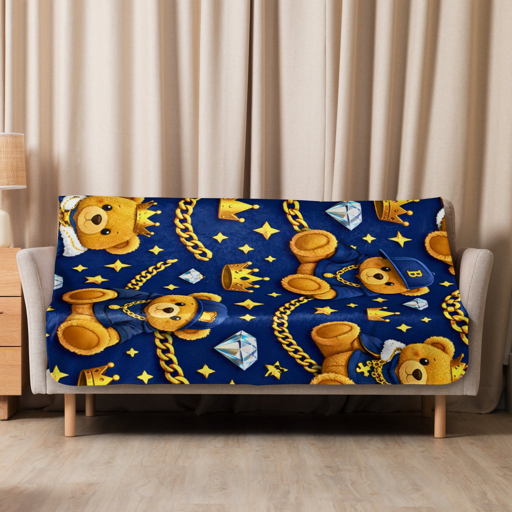 Luxuriöse Teddy Designer Decke in Blau & Gold – perfekt für Babys & Kinder mit Stil - CGE Teddy Couture