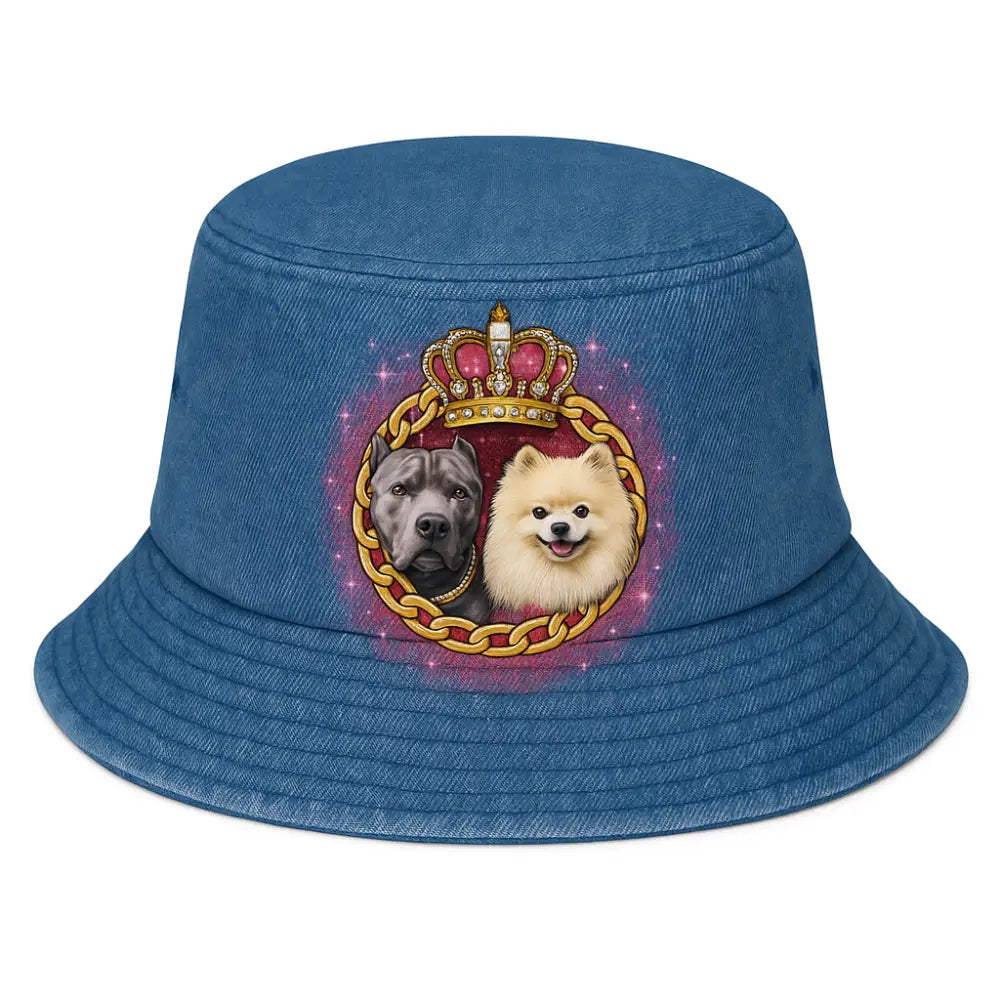 Luxuriöser Hunde-Eimerhut aus Jeans mit Pitbull- und Spitz-Motiv, goldener Panzerkette und Strass-Krone