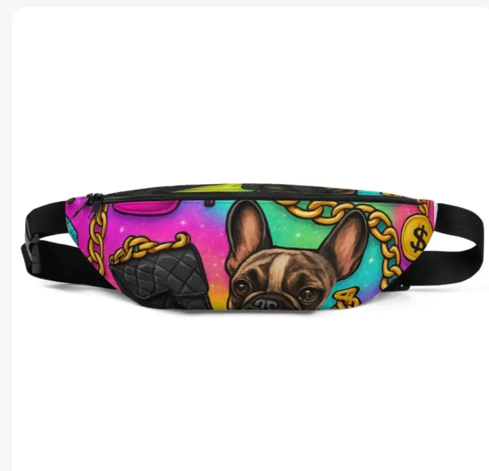 Luxury Glam Crossbody Bag with colorful French Bulldog print and gold chain design in vibrant colors