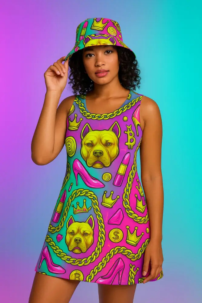 Neon Glam Bossbabe bucket hat worn by model with vibrant neon print and Bitcoin details