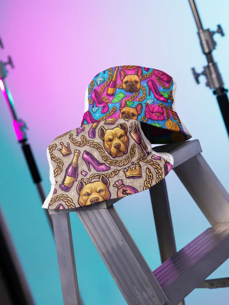 Two Neon Glam Bossbabe bucket hats with colorful fashion and dog print on a ladder against a gradient background