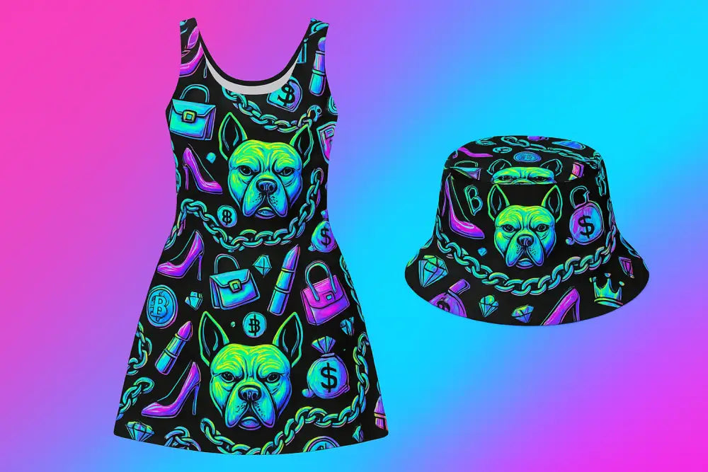 Neon Glam Allover-Kleid mit leuchtendem French Bulldog Print und Mode-Icons, kombinierbar mit passendem Hut.
