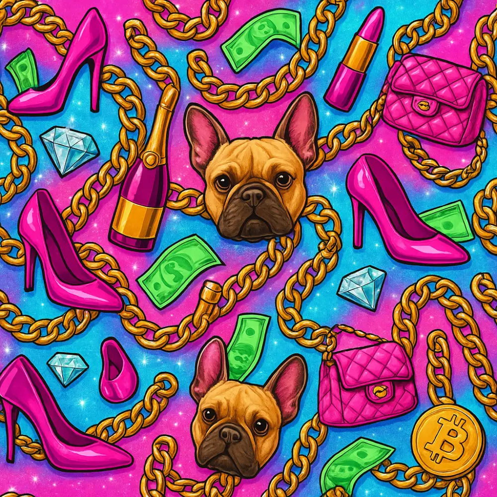 Neon Glam Allover-Kleid mit French Bulldog, Fashion-Icons, Bitcoin und leuchtenden Neonfarben in Pink, Türkis und Chrome.