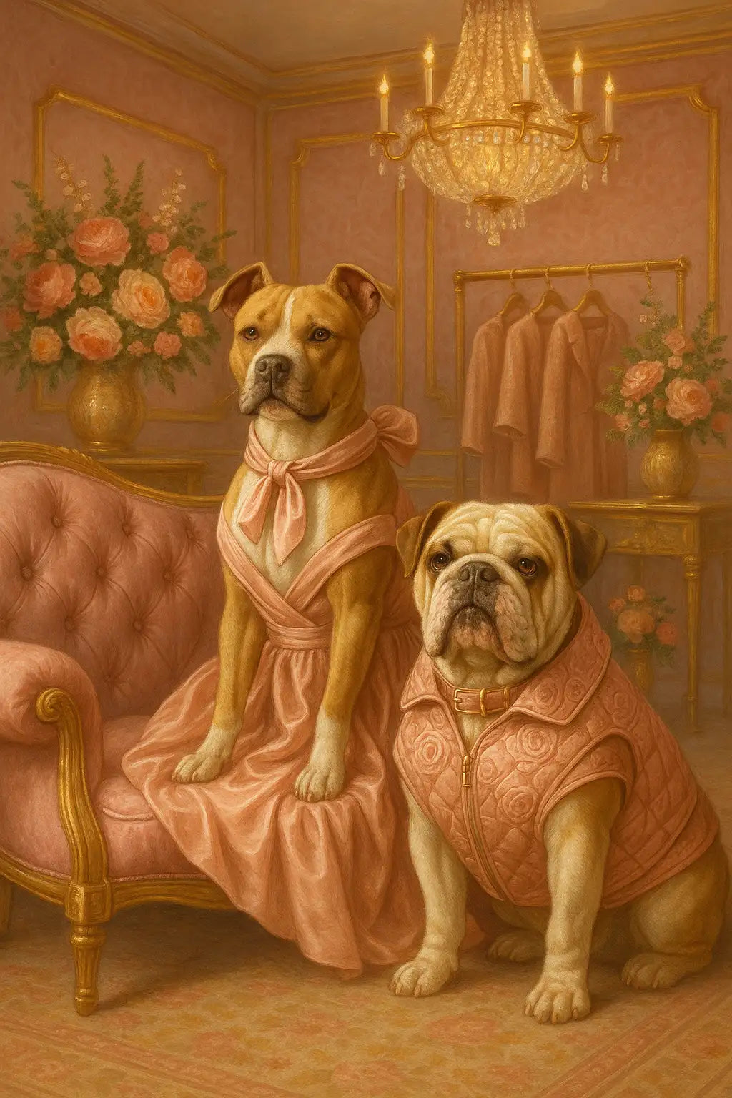 Rosa, blumengemusterter Sofa mit Goldverzierung und aufwendigen Beinen.