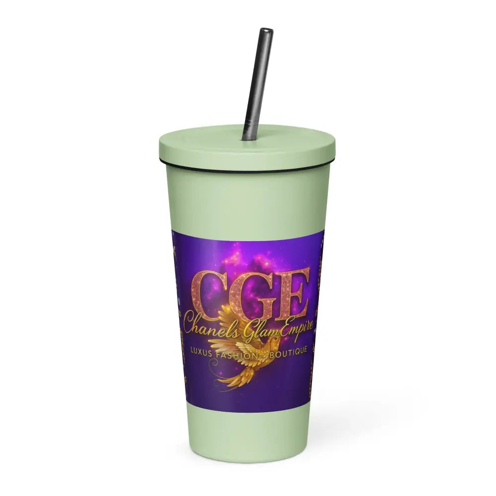 Thermobecher mit Strohhalm aus Edelstahl, violett-holografisch mit goldenem CGE-Logo, 600 ml, wiederverwendbar, stylischer Trinkbecher für kalte und warme Getränke.