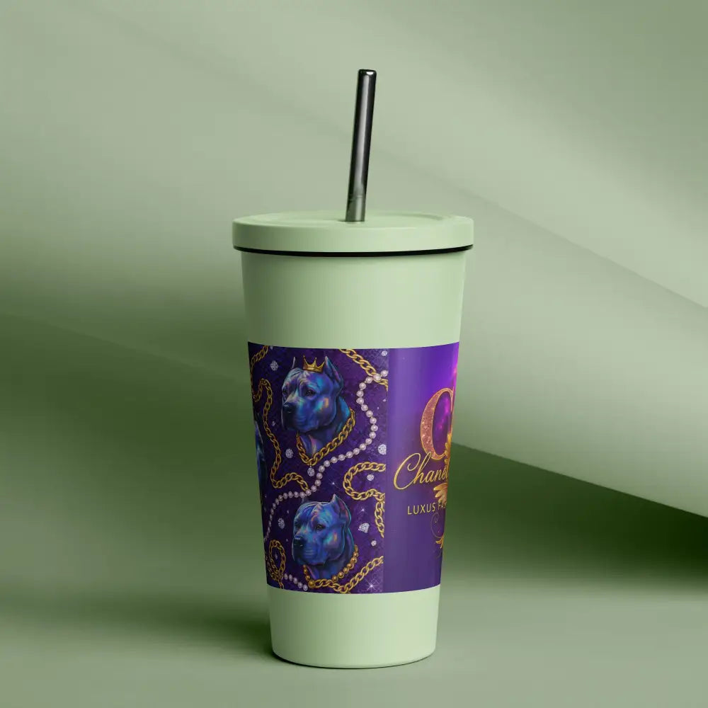 Thermobecher mit Strohhalm aus Edelstahl in violett mit goldenen Details und CGE-Logo, 600 ml, wiederverwendbar und stylisch