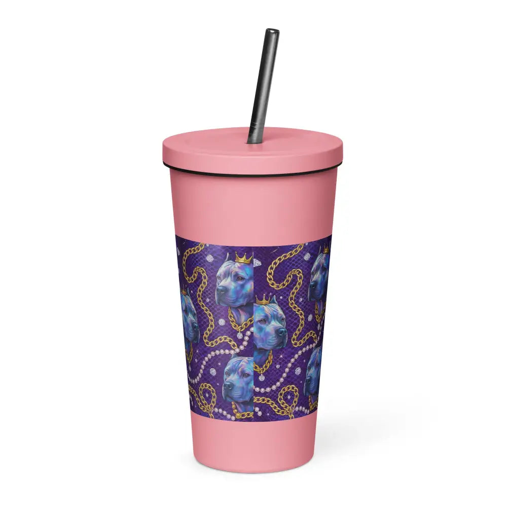Thermobecher mit Strohhalm in Rosa mit königlichem Hundemotiv und goldenen Akzenten