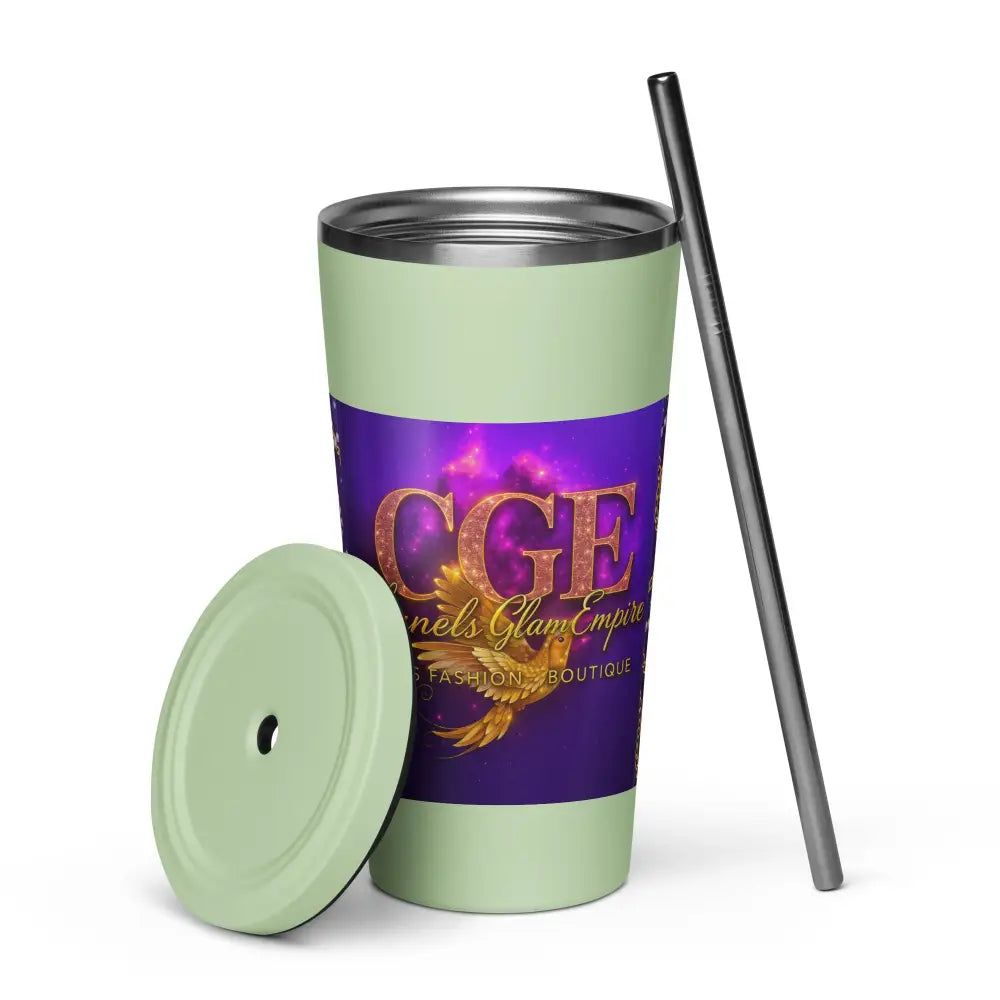 Thermobecher mit Strohhalm und Deckel in Grün mit violett-goldenem CGE-Design aus Edelstahl, 600 ml Fassungsvermögen