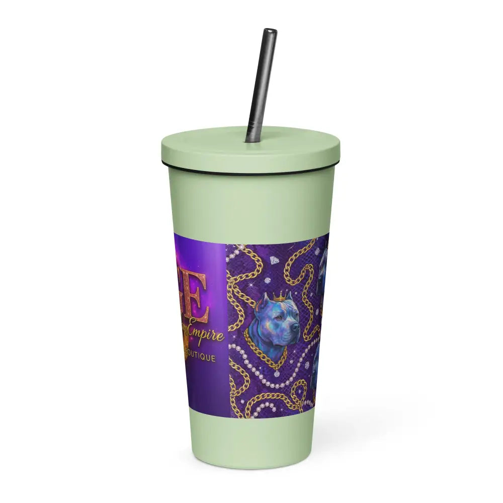 grüner Thermobecher mit Strohhalm und violett-goldenem CGE Royal Glow Cup Design