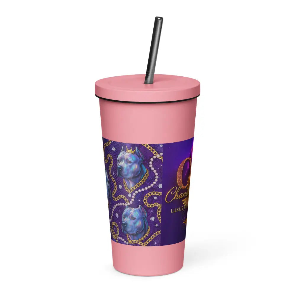 Thermobecher mit Strohhalm, rosa Deckel, violett-holografisches Design mit goldenen Akzenten und CGE-Logo