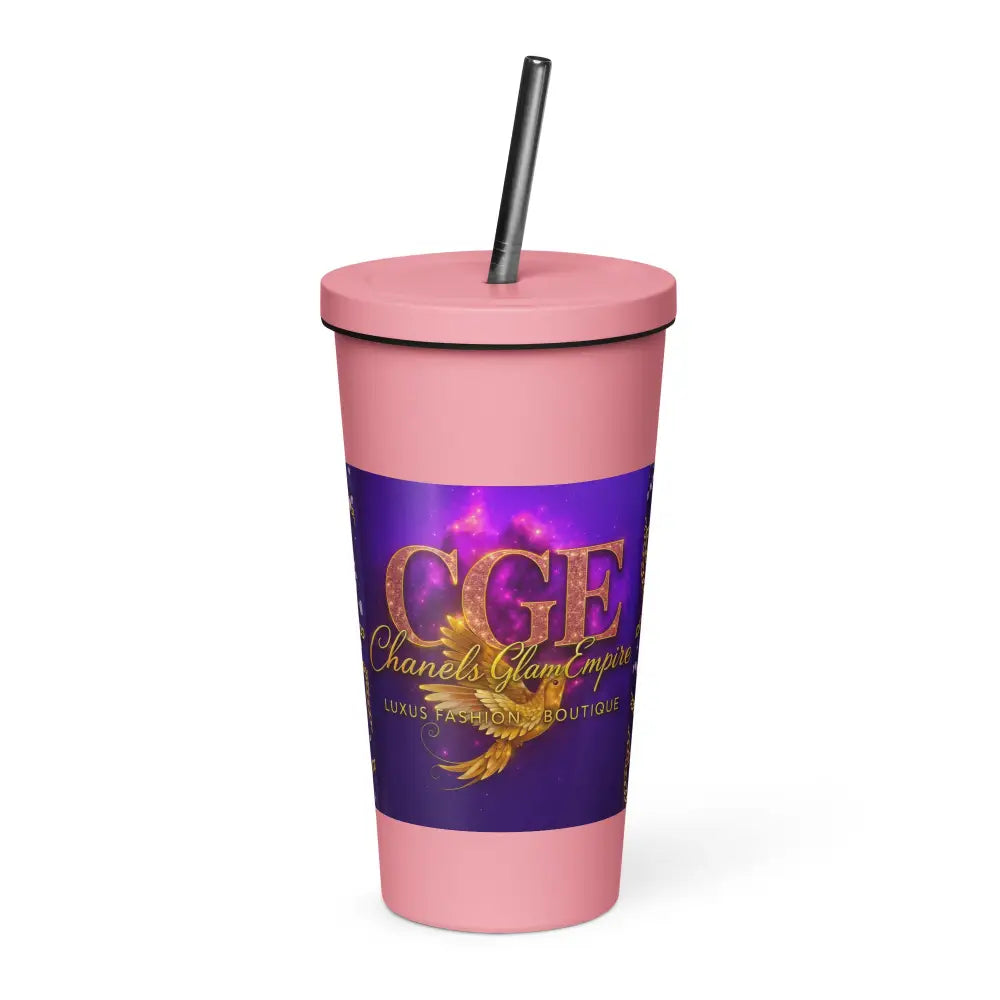 Thermobecher mit Strohhalm in Violett-Holografisch mit goldenem CGE-Logo, 600 ml Edelstahlbecher, wiederverwendbar und stylisch.