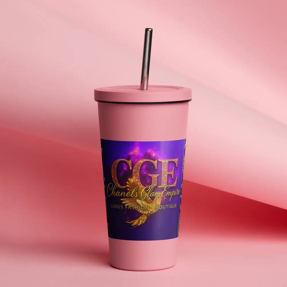 Thermobecher mit Strohhalm in Pink mit violett-goldenem CGE Design, Edelstahl, 600 ml, wiederverwendbar, stylisch und nachhaltig